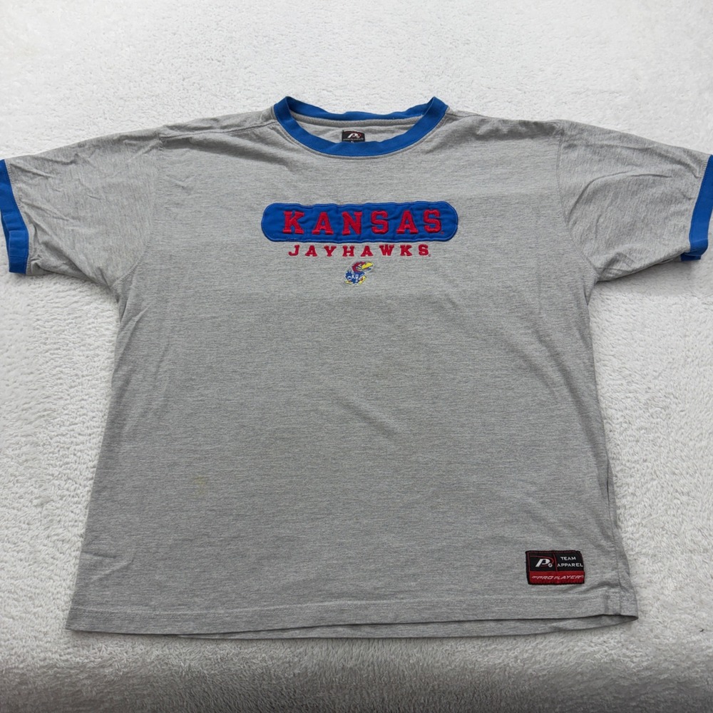 Kansas Jayhawks T Shirt XL Gray Blue Ringer Tee Pro Player College